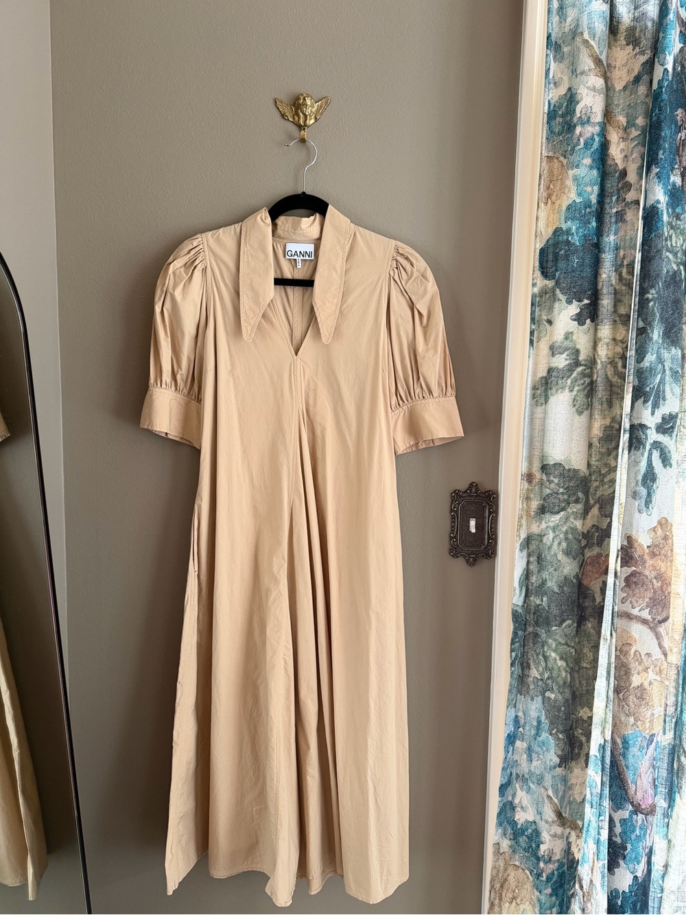 Ganni Beige Collared Puff-Sleeve Midi Dress